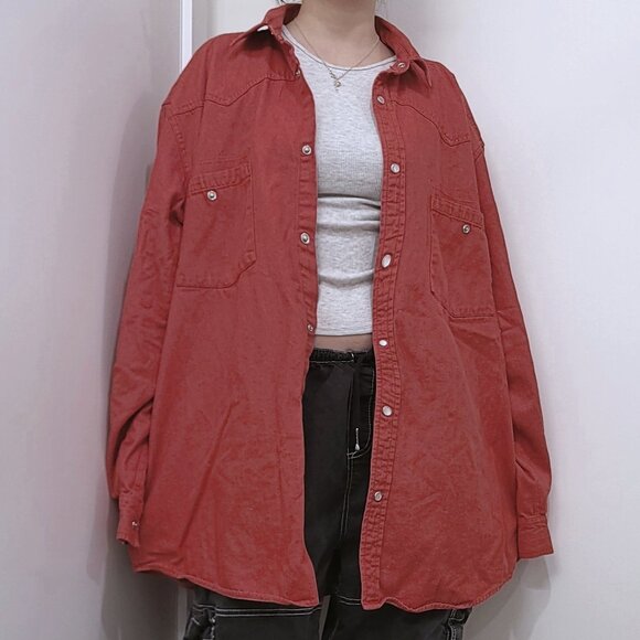 Vivid Red Oversized Button-Up Shirt (XL) - Picture 1 of 7